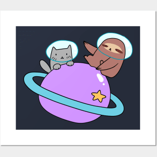 Saturn Space Sloth and Cat Posters and Art